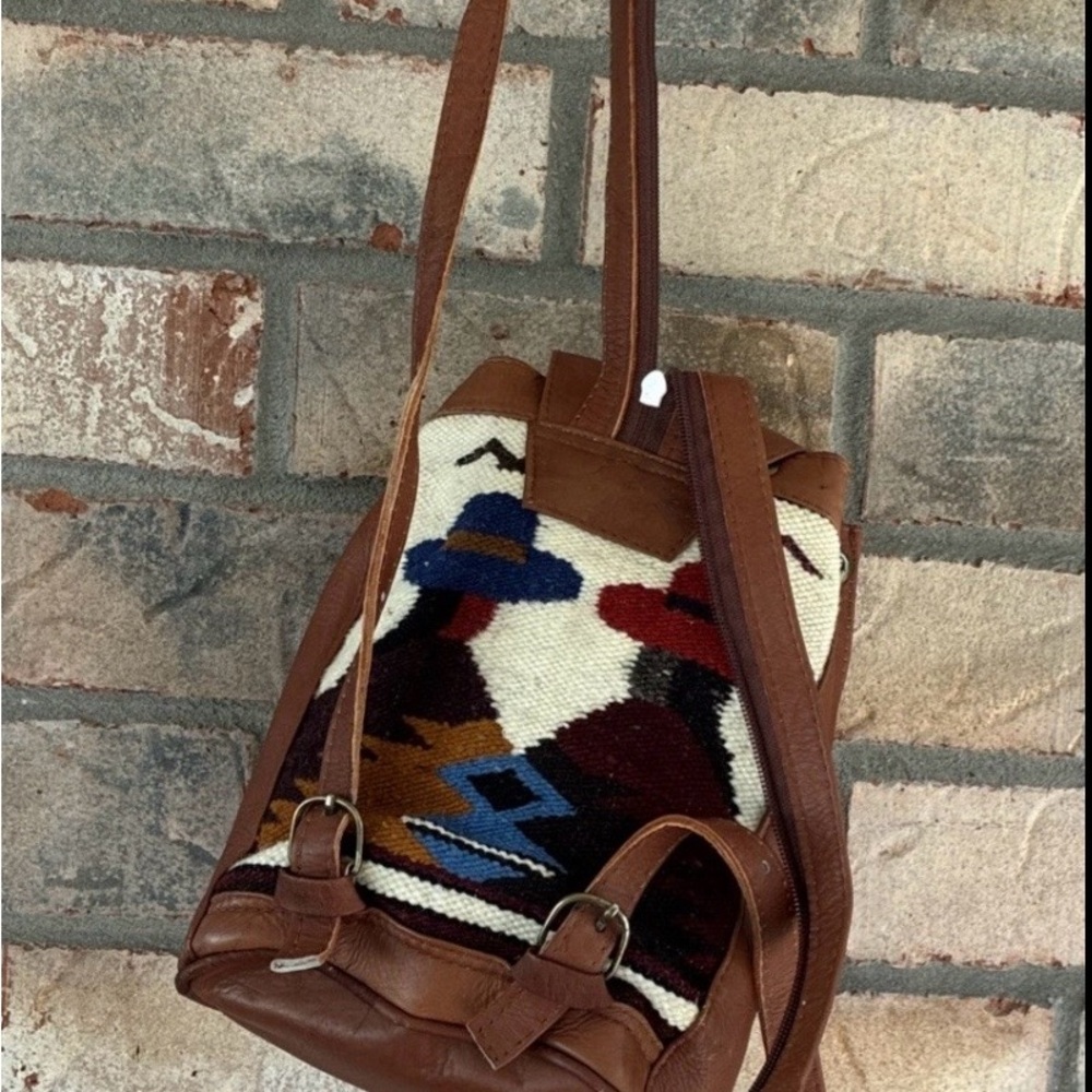 Leather &Woven Woolen Textile Small Backpack Crossbody Bag — Brown, Boho Vintago - Picture 6 of 14